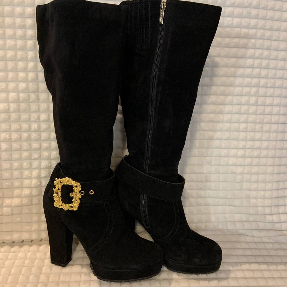 Black Heeled Suede Boots with Gold Buckle